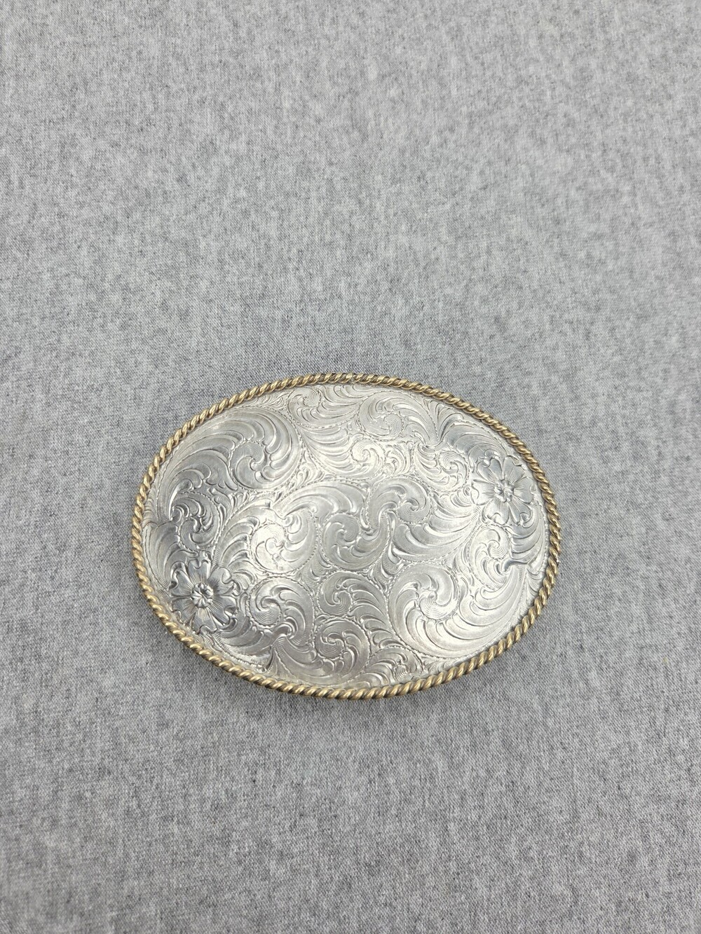 Western Rodeo Oval Belt Buckle Bright Cut Floral Scroll Handmade Award Design